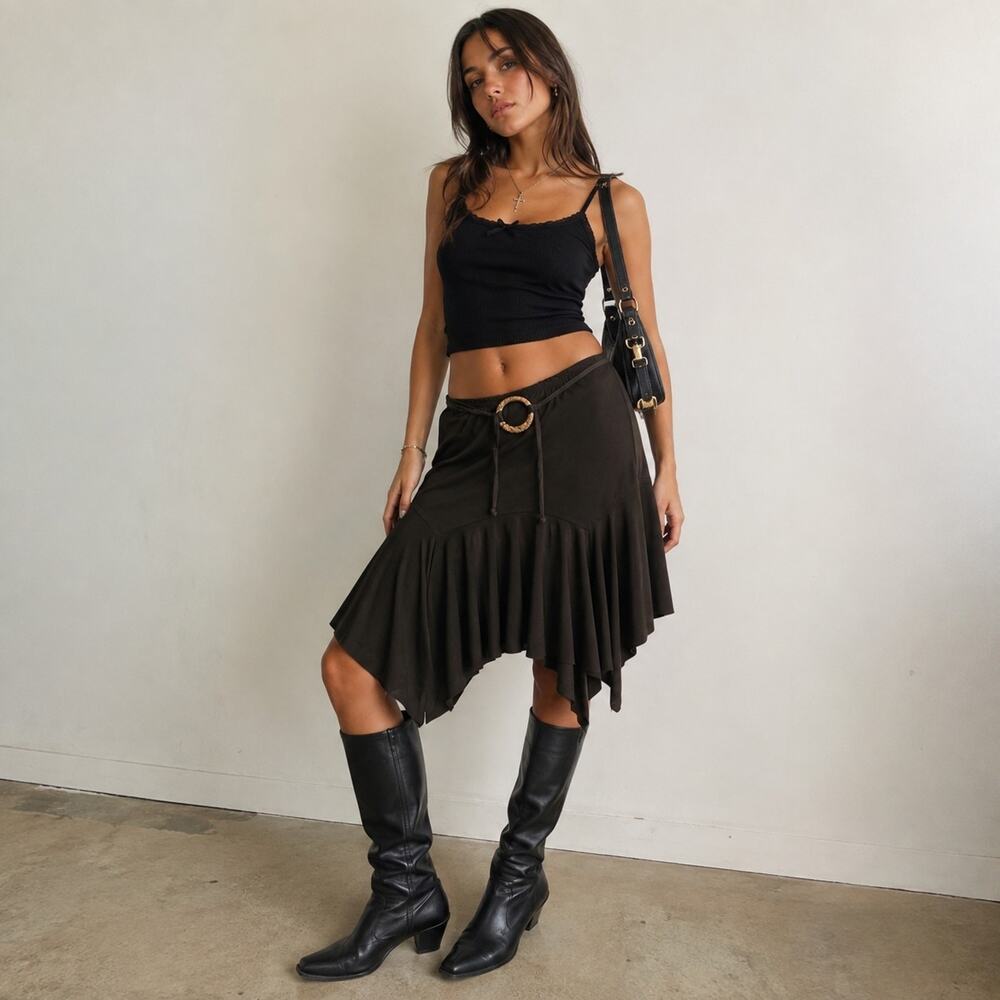 Vintage Y2K Junior L Brown Stretch Low Waist Hankercheif Hem Pirate Whimsigoth